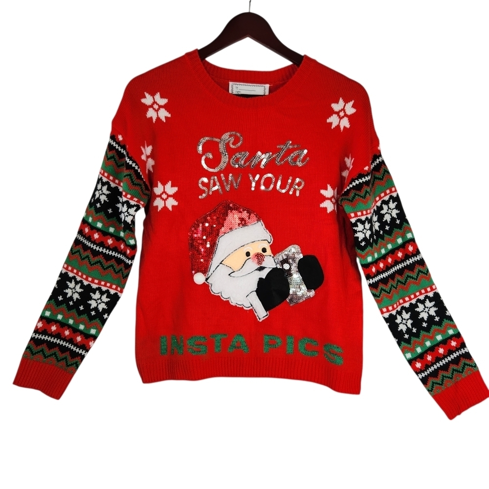 No Boundaries Juniors' Large "Santa Saw Your Insta Pics" Ugly Christmas Sweater